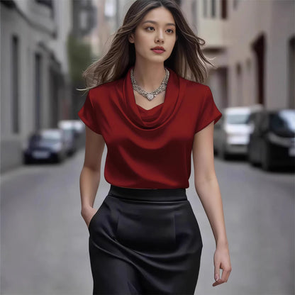Women's Satin Drape Short Sleeve French Shirt Elegant Casual Summer Vacation Blouse