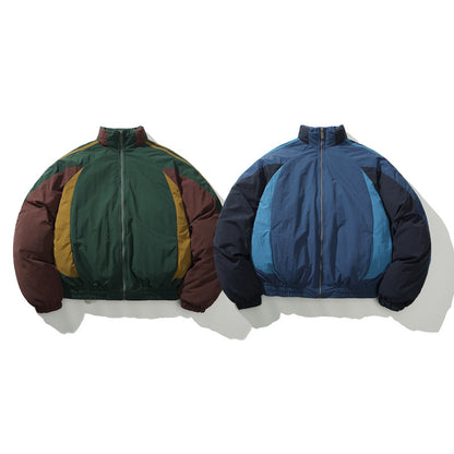 American Street Color Block Thickened Bread Puffer Jacket Casual Warm Couple Winter Cotton Coat | Color Bread Puffer