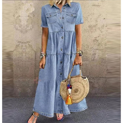 Women's Denim Maxi Dress Button Down Short Sleeve Casual Loose Shirt Dress with Pockets