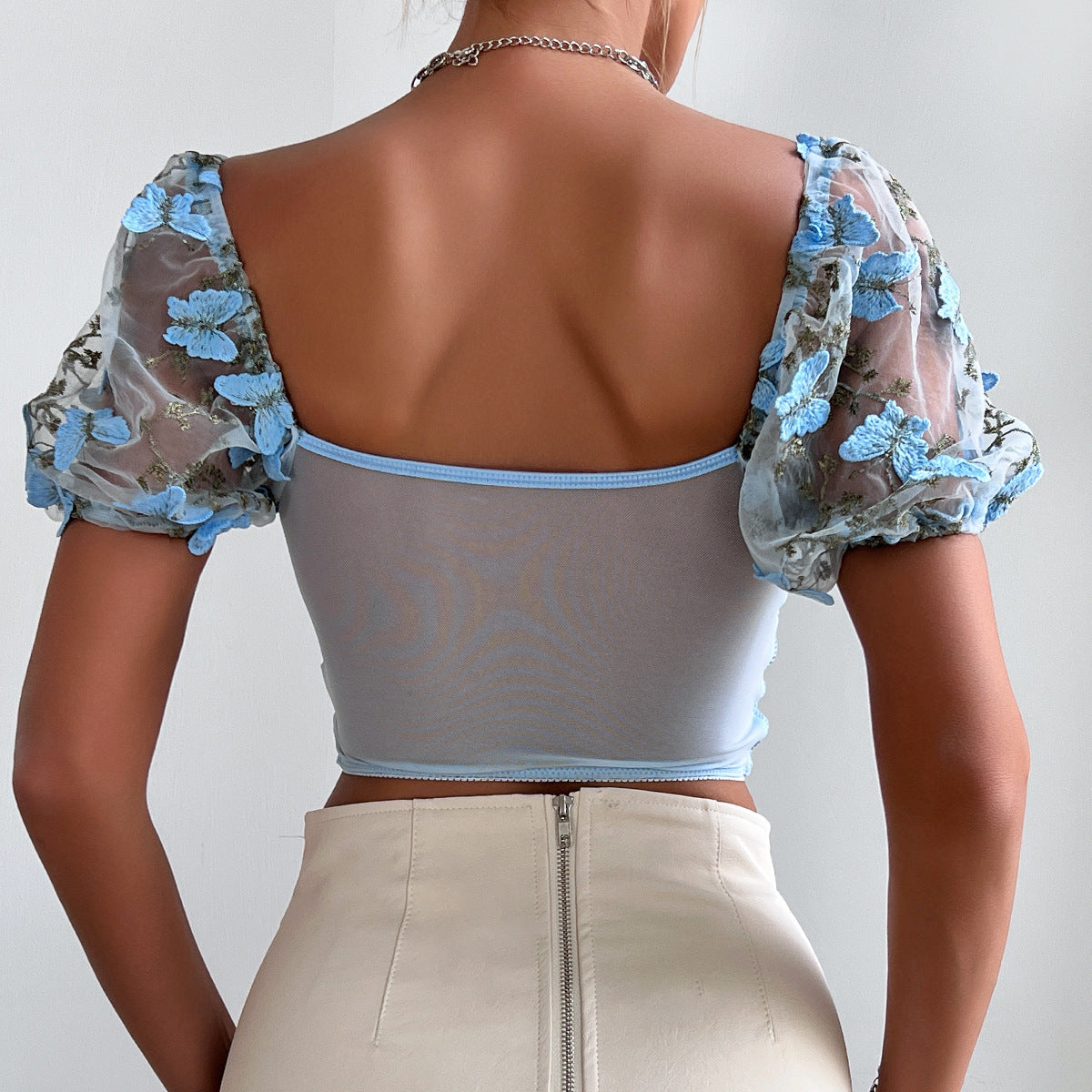 Embroidery Sweetheart Neck Short Sleeve Lace Trim Blouse - Seldom Seen Styles