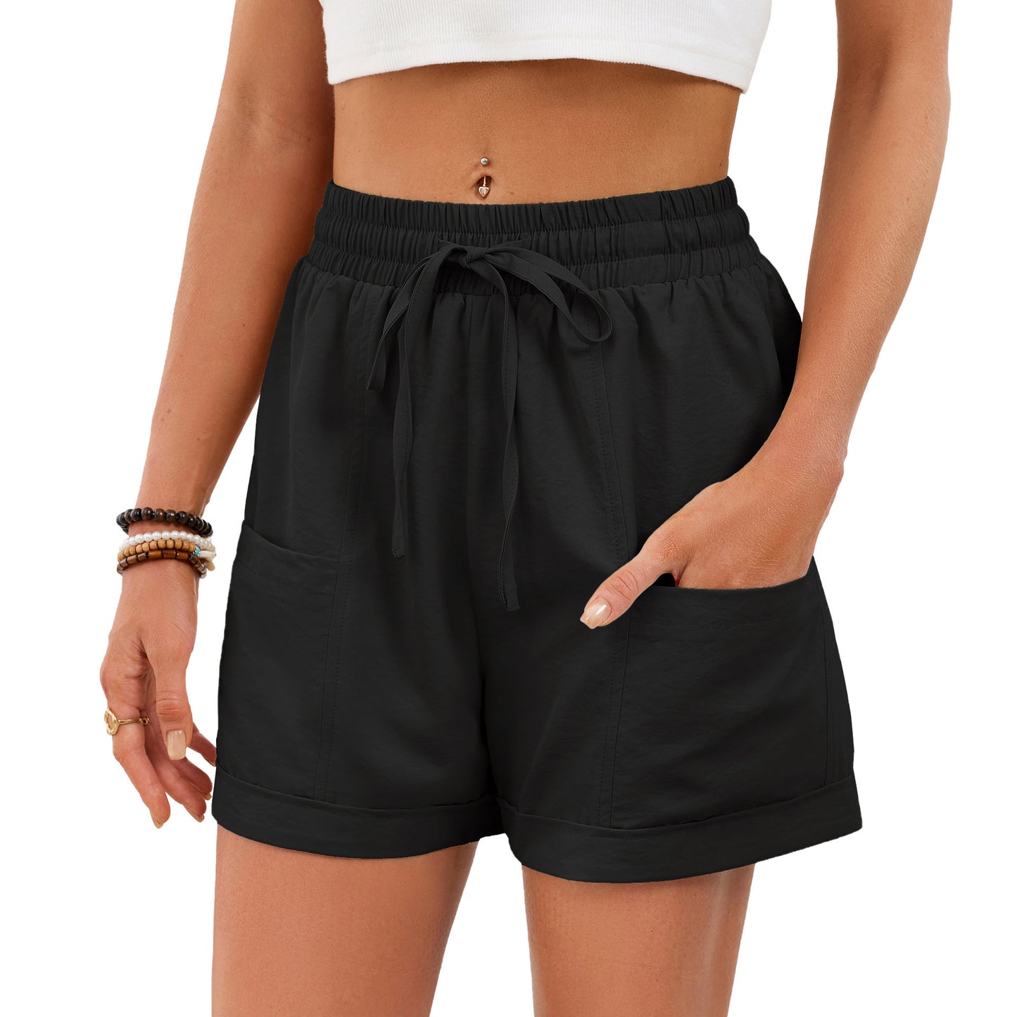 Women's Solid Color Pocket Drawstring Elastic Waist Loose Casual Shorts Summer Beach Vacation - Seldom Seen Styles