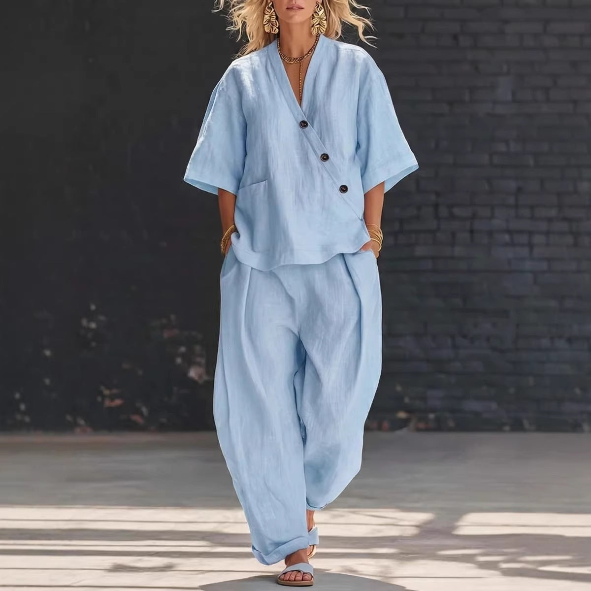 Women's V Neck Loose Short Sleeve Top High Waist Wide Leg Pants Two Piece Set Summer Casual Outfit - Seldom Seen Styles