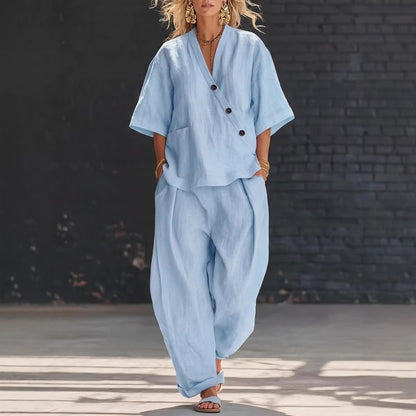 Women's V Neck Loose Short Sleeve Top High Waist Wide Leg Pants Two Piece Set Summer Casual Outfit