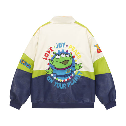 Cartoon Embroidered PU Leather Jacket Contrasting Color Splicing Loose Fit Couple Casual Streetwear Trendy Outerwear | Toon Leather Jacket