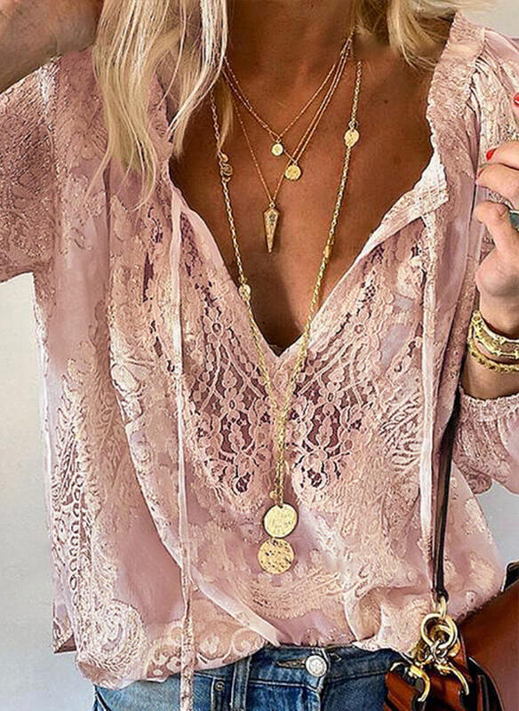 Women's Lace Blouse V Neck Long Sleeve Boho Top Floral Lace Peasant Shirt Casual Elegant Tunic