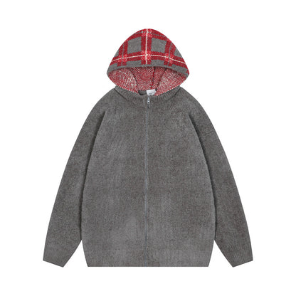 Korean Hooded Zip Knit Sweater Thickened Retro Couple Casual Street Trendy | Hood Zip Knit
