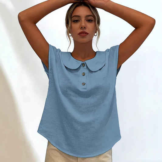 Women's Solid Color Short Sleeve Lapel Button-Up Top Shirt Casual Summer Beach Vacation - Seldom Seen Styles