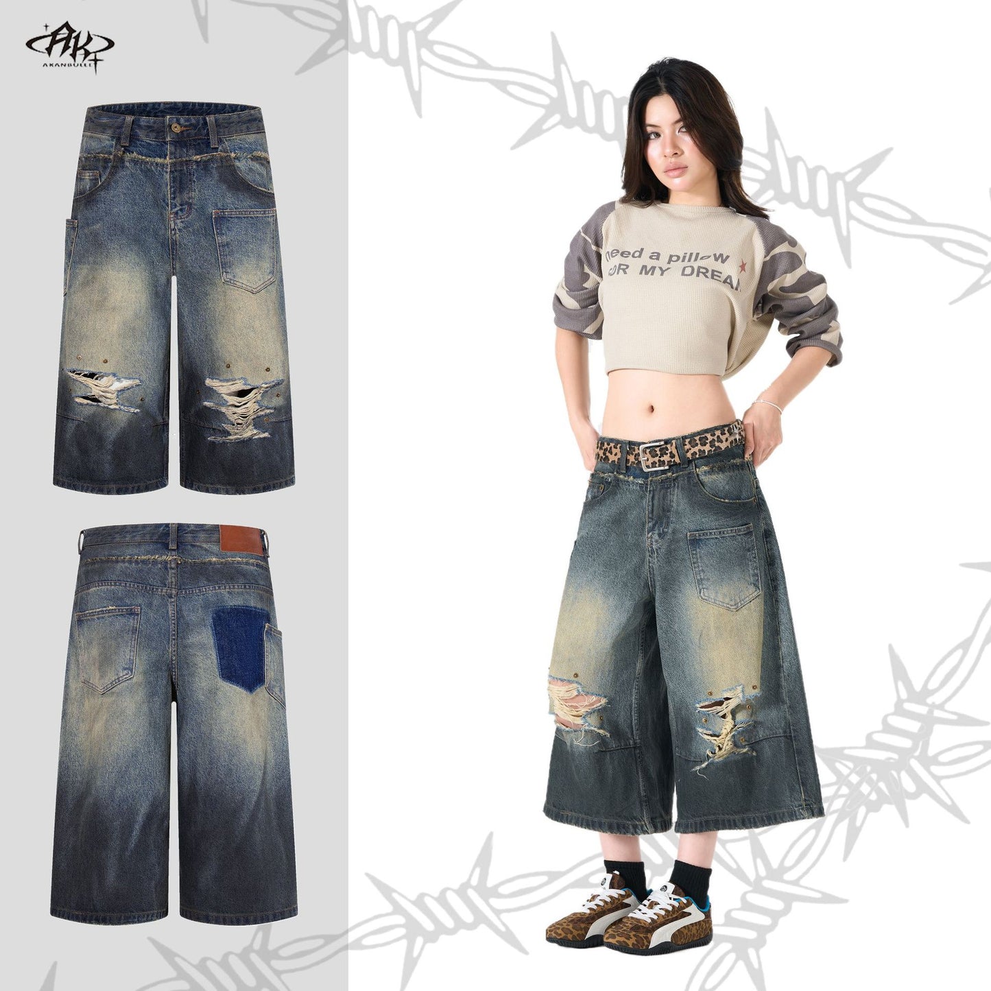 Street Hip-Hop Heavy Wash Ripped Denim Shorts Distressed Retro Cropped Jeans Casual Summer Streetwear Shorts | Grunge Denim