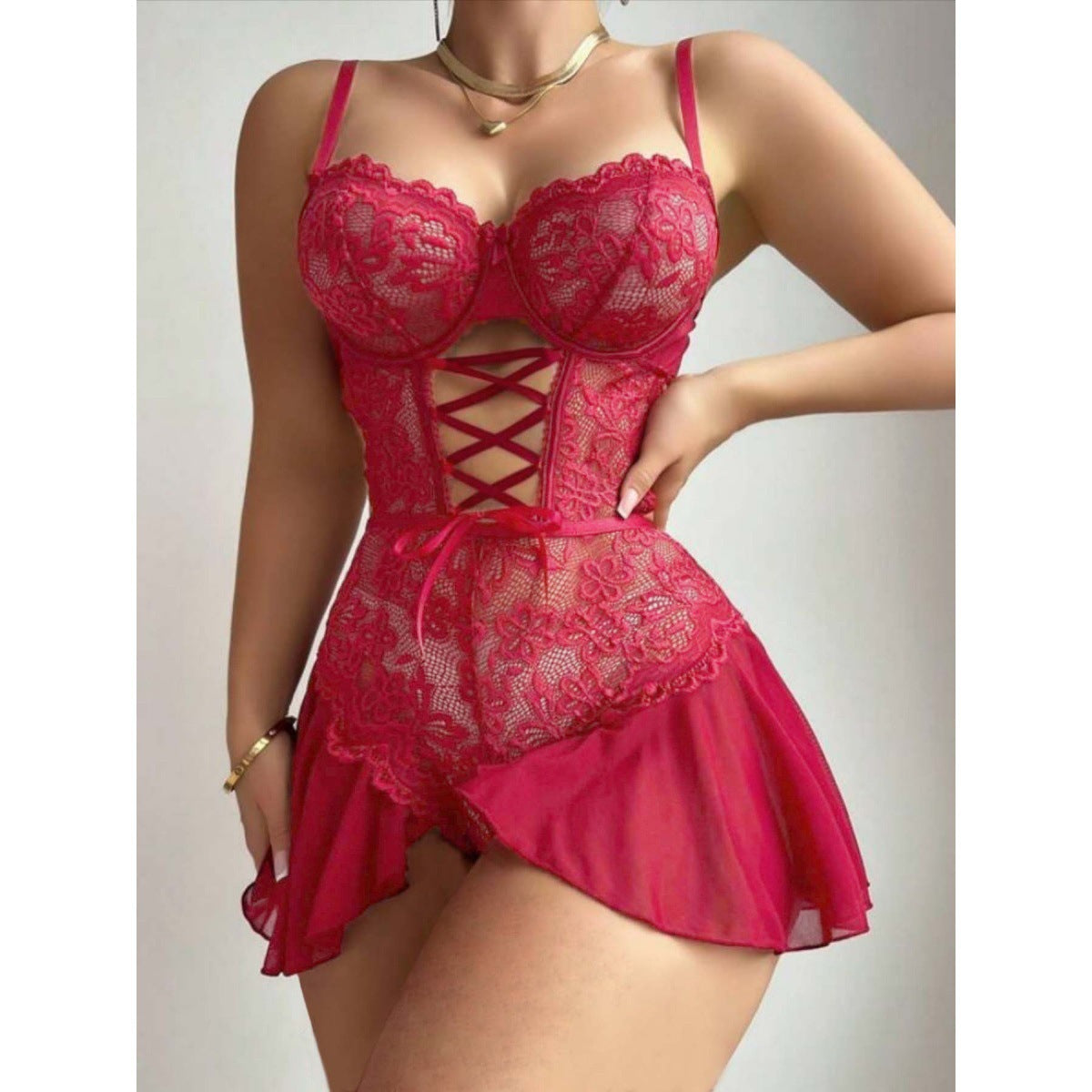 Women's Lace Babydoll Lingerie Set Sheer Mesh Corset Chemise V Neck Sleepwear Teddy Nightgown with Ruffle Hem - Seldom Seen Styles