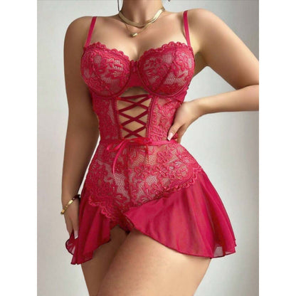 Women's Lace Babydoll Lingerie Set Sheer Mesh Corset Chemise V Neck Sleepwear Teddy Nightgown with Ruffle Hem