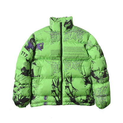 Women's Anime Full Print Thickened Puffer Cotton Jacket Street Style Couple Guochao Warm Winter Coat Unisex | Anime Puffer