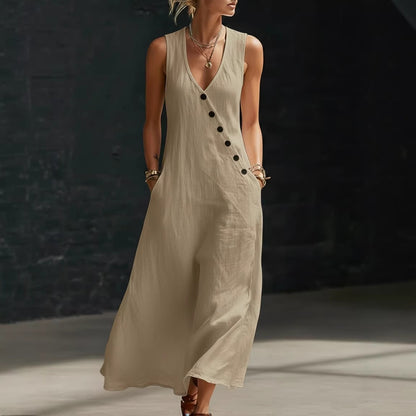 Women's V-Neck Cotton Linen Sleeveless Vest Maxi Dress Casual Summer Beach Vacation Boho Outfit
