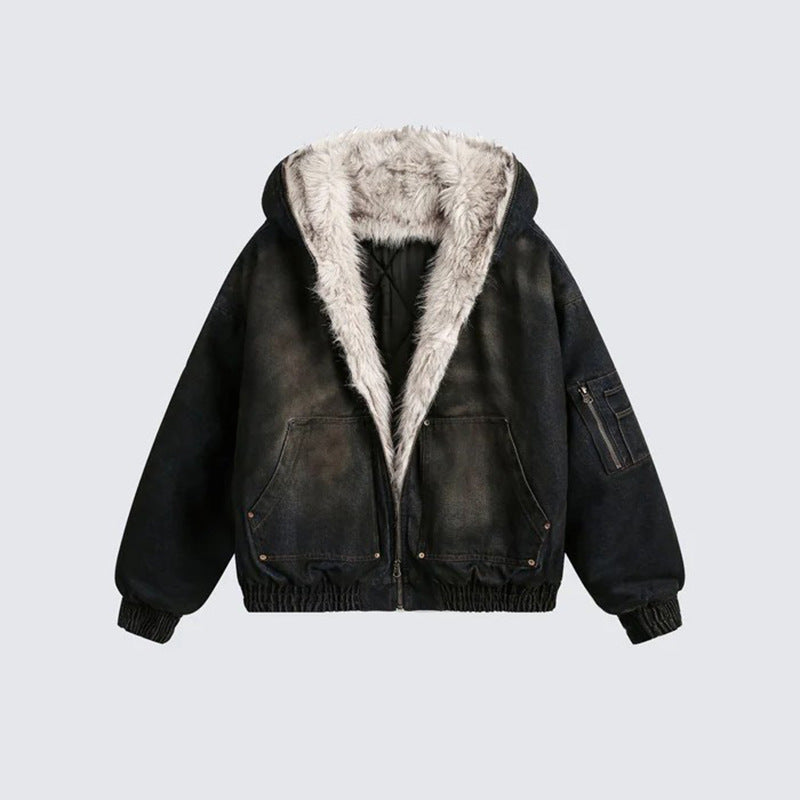 Washed Denim Fur Hooded Jacket