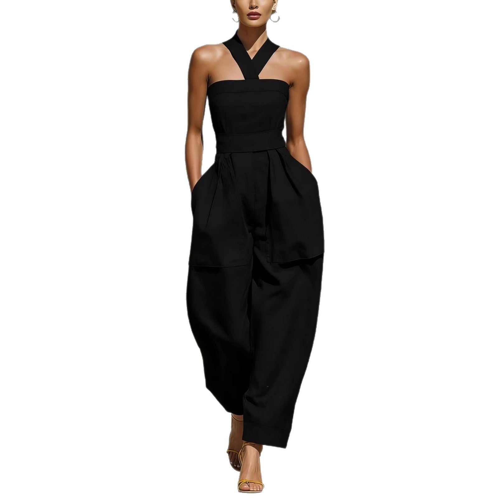 Women's Linen Blend Cross Halter Neck Loose Jumpsuit Casual Summer Vacation Outfit - Seldom Seen Styles