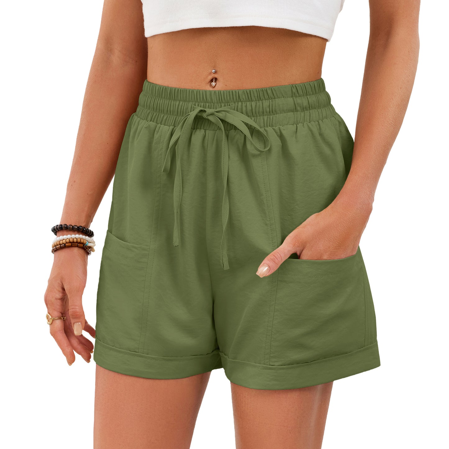 Women's Solid Color Pocket Drawstring Elastic Waist Loose Casual Shorts Summer Beach Vacation - Seldom Seen Styles