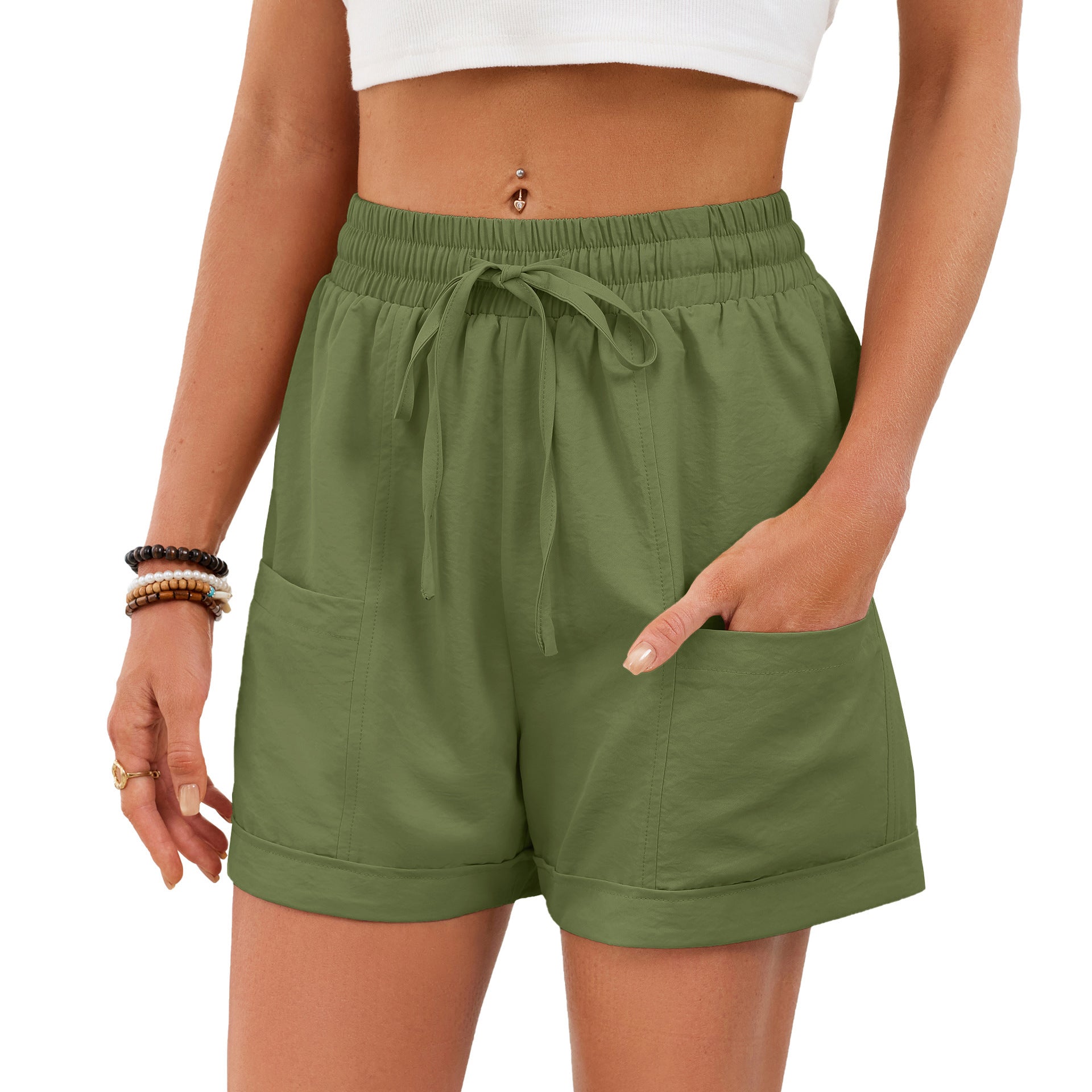 Women's Solid Color Pocket Drawstring Elastic Waist Loose Casual Shorts Summer Beach Vacation - Seldom Seen Styles