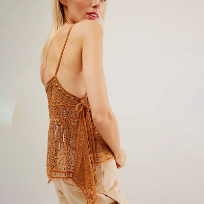 Women Y2K Sequin Mesh Tank Top Glitter Floral Embroidered Cami Crop Top Sleeveless Backless Rhinestone Camisole