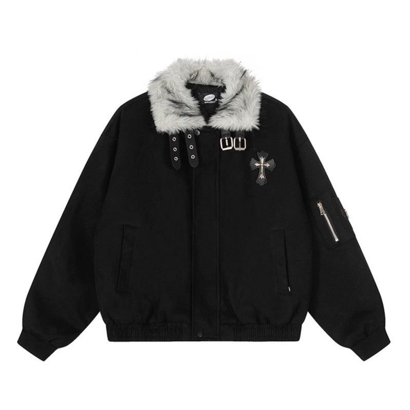Faux Fur Collar Suede-Texture Buckle Bomber Jacket