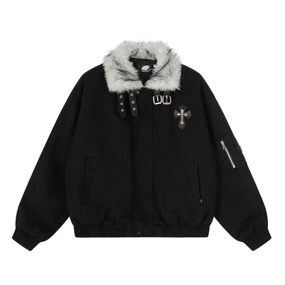 Faux Fur Collar Suede-Texture Buckle Bomber Jacket