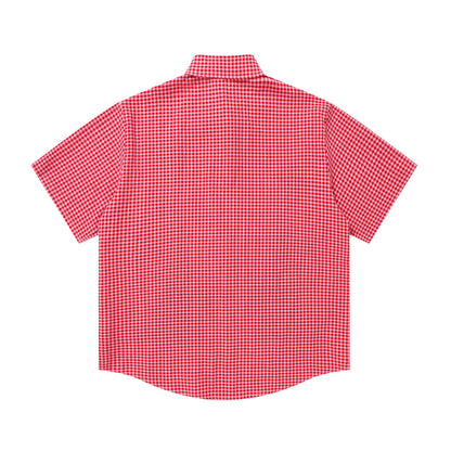 Striped Plaid Short Sleeve Shirt Baseball College Style Loose Fit Casual Streetwear Couple Summer Cityboy Button-Up | Grid Varsity Shirt