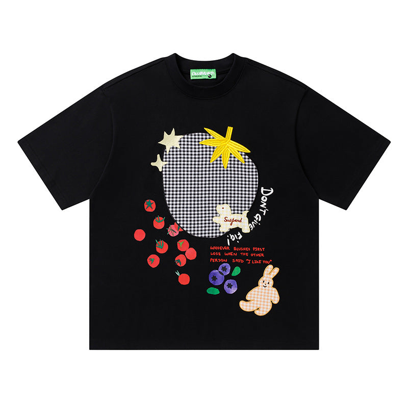 Crew Neck Short Sleeve Patch Embroidered Graphic Print T-Shirt Loose Oversized Casual Streetwear Summer Top | Berry Star