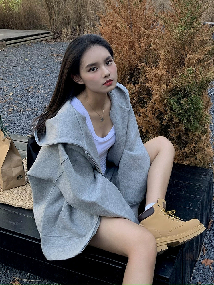 520G  retro top jacket oversize cardigan hooded sweater women loose lazy wind