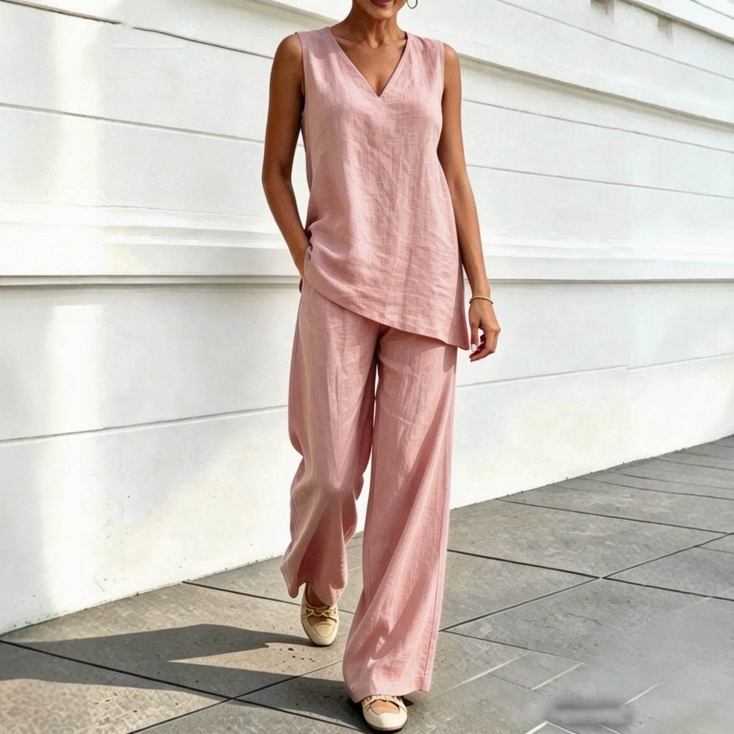 Women's Linen Two Piece Set Sleeveless V Neck Tunic Top and Wide Leg Pants Casual Summer Matching Outfit