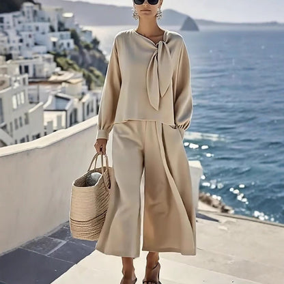 Women's Solid Color Long Sleeve Top Trousers Two Piece Set Fall Casual Chic Outfit Plus Size