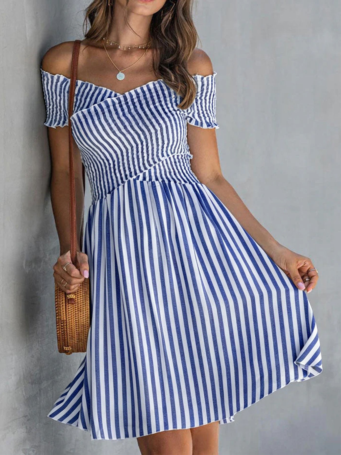 Women's Off Shoulder Striped Maxi Dress Slim Fit Summer Vacation Dress