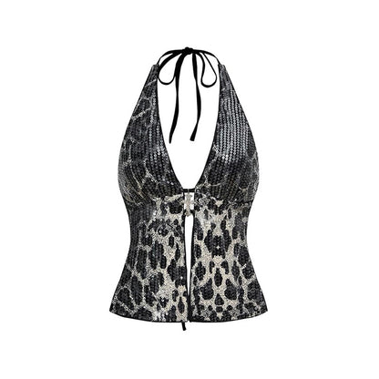 Neck Leopard Print Wild Sexy Hottie Slim Deep V Halter Sleeveless Neck Sexy Vest Ladies Top