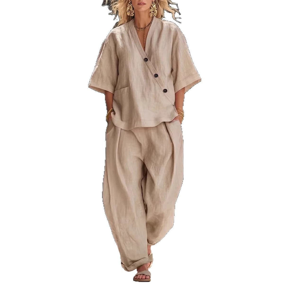Women's V Neck Loose Short Sleeve Top High Waist Wide Leg Pants Two Piece Set Summer Casual Outfit - Seldom Seen Styles