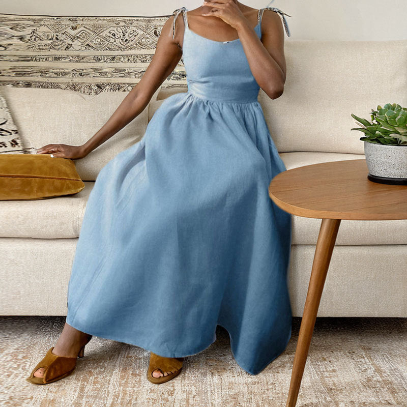 Women's One Shoulder Linen Midi Dress High Waist Elegant Vacation Sundress - Seldom Seen Styles