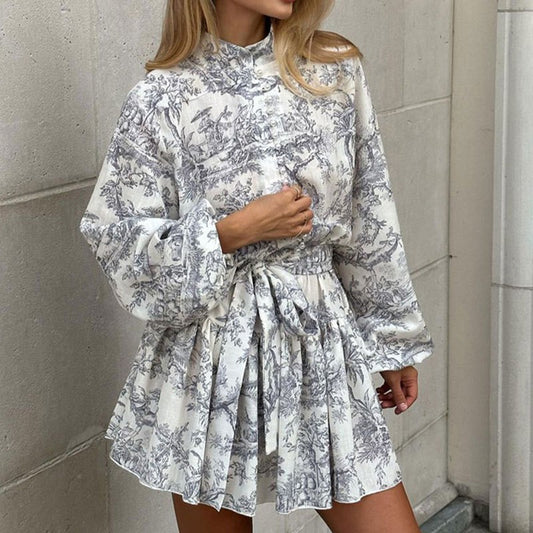 Women's Vintage Floral Print Mini Dress Long Sleeve Belted Boho Elegant Dress