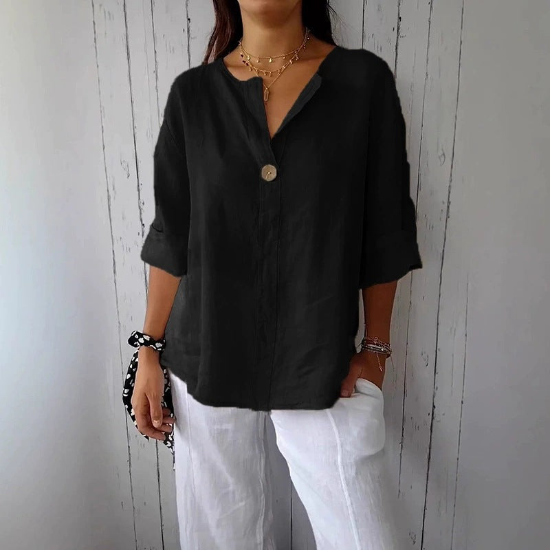 Women's Cotton Linen V-Neck Loose T-Shirt Button Detail Summer Casual Breathable Top Plus Size - Seldom Seen Styles