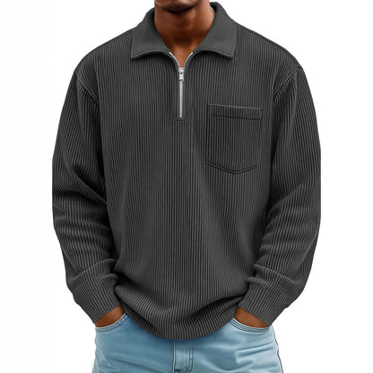 Men's Ribbed Quarter Zip Pullover Sweater Casual Long Sleeve Knit Polo Sweatshirt with Pocket