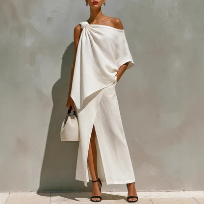 Women's One Shoulder Knot Front Slit Irregular Two Piece Set Solid Color Summer Vacation Outfit