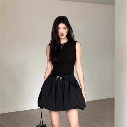 Women's Black Mini Dress Sleeveless Slim Fit Bubble Hem Party Dress
