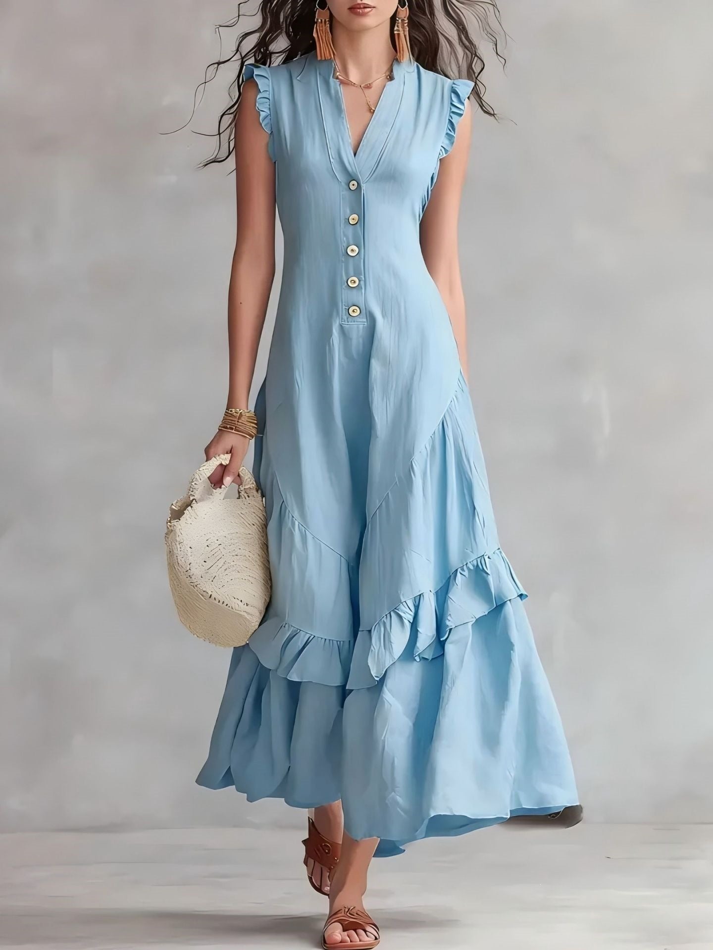Women's Cotton Linen Maxi Dress Sleeveless V Neck Button Front Ruffle Hem Boho Summer Dress with Pockets - Seldom Seen Styles