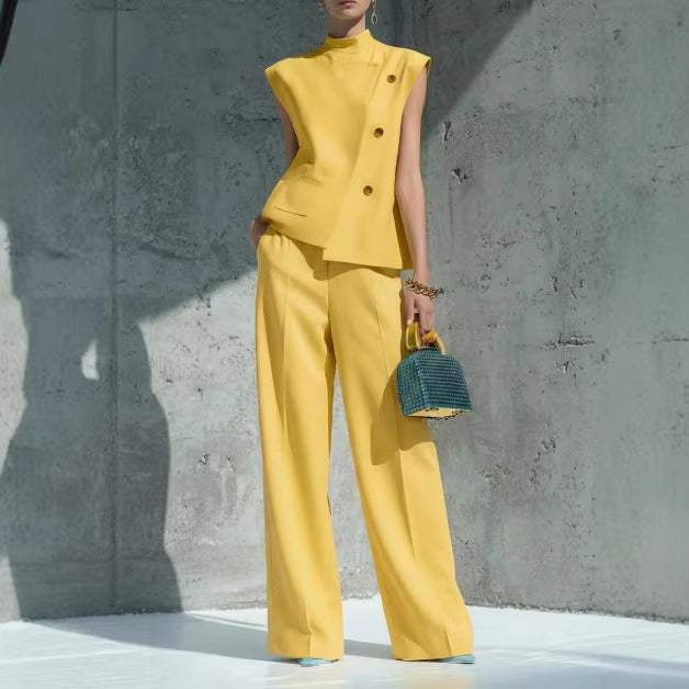 Women's Sleeveless Two Piece Pants Set Stand Collar Button Front Top and Wide Leg Trousers Elegant Casual Business Vacation Outfit - Seldom Seen Styles