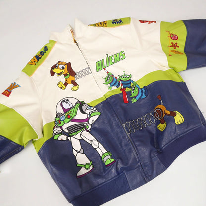 Cartoon Embroidered PU Leather Jacket Contrasting Color Splicing Loose Fit Couple Casual Streetwear Trendy Outerwear | Toon Leather Jacket