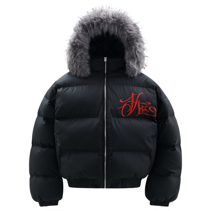 Women's High Street Letter Embroidery Removable Fur Collar Puffer Jacket Warm Oversized Winter Cotton Coat Unisex | Fur Collar Puffer