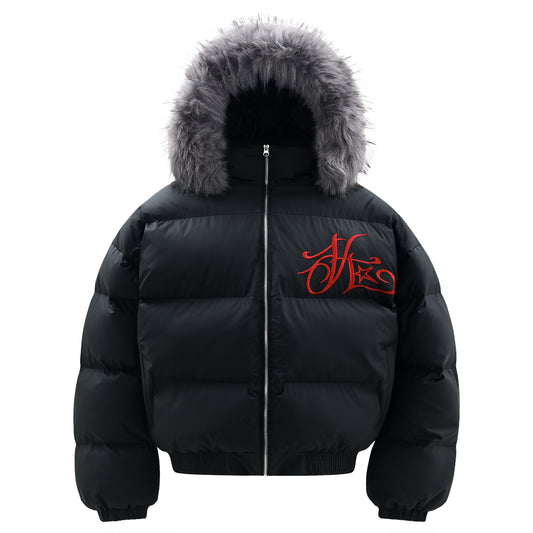 Women's High Street Letter Embroidery Removable Fur Collar Puffer Jacket Warm Oversized Winter Cotton Coat Unisex | Fur Collar Puffer