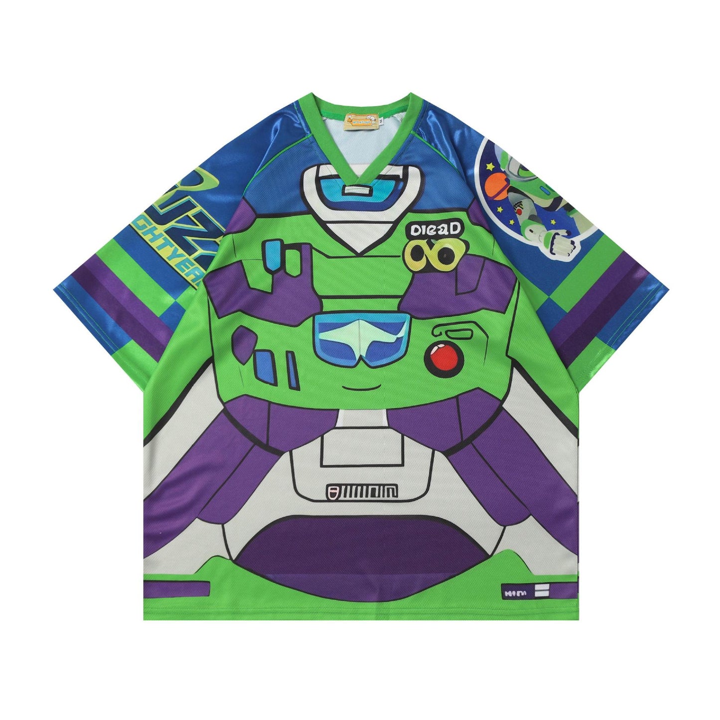 Cartoon Sports Jersey V-Neck Short Sleeve T-Shirt Unisex Loose Fit Retro Splicing Couple Casual Graphic Tee | Jersey Toon