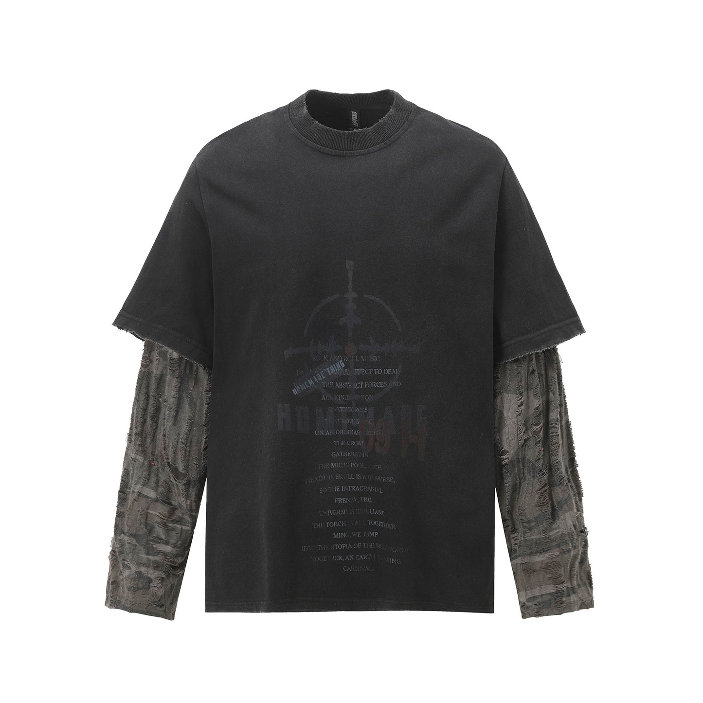 Faux Two-Piece Distressed Camo Sleeve Long Sleeve Tee - Washed Black