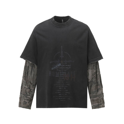 Faux Two-Piece Distressed Camo Sleeve Long Sleeve Tee - Washed Black