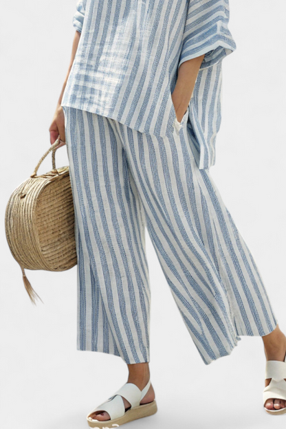 Rensleigh | Haut en Lin Rayé Bleu Sophistiqué et Pantalon Décontracté