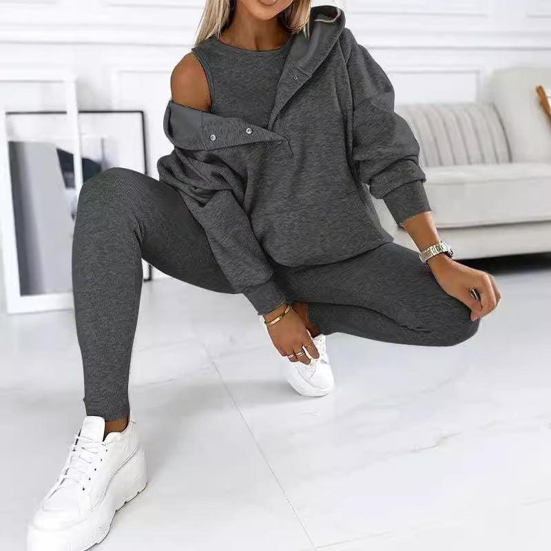 Women's Three Piece Lounge Set Hooded Sweatshirt Tank Top and Leggings Matching Tracksuit Casual Athleisure Outfit