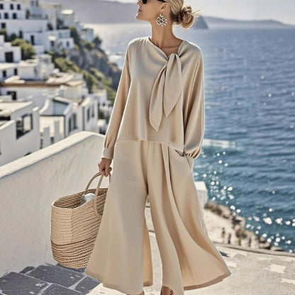 Women's Solid Color Long Sleeve Top Trousers Two Piece Set Fall Casual Chic Outfit Plus Size