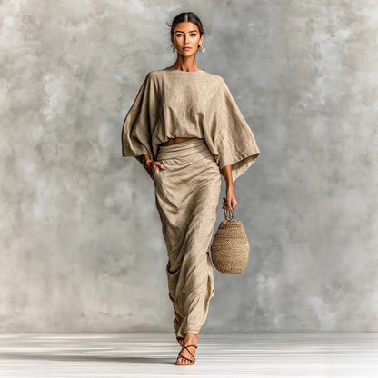 Women's Linen Blend Batwing Sleeve Top and Maxi Skirt Set Elegant Two Piece Matching Outfit