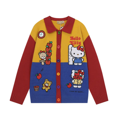 Color Block Embroidery Hello Kitty Knit Sweater Cardigan Unisex Loose Fit Cartoon Teen Streetwear Jacket | Stripe KT